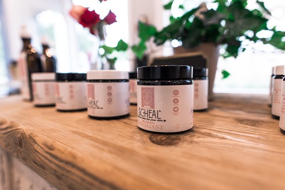 Up-close shot of Scheál Spa products