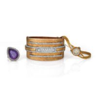 Diamond and gold bracelet and purple diamond ring