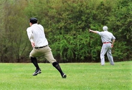 1864 Base Ball players running on field